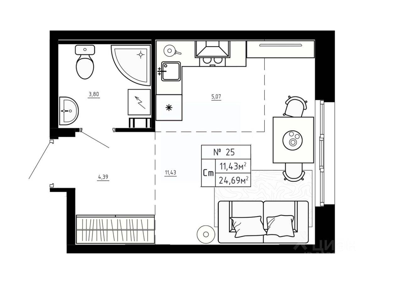 Квартира-студия, 24,69 м², в Малоэтажный ЖК Аннино Сити