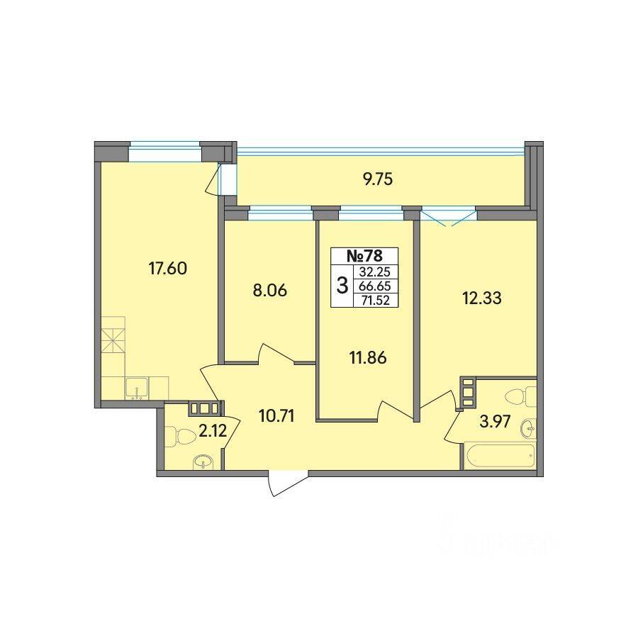 3-комн. квартира, 71,52 м², в ЖК Рождественский квартал
