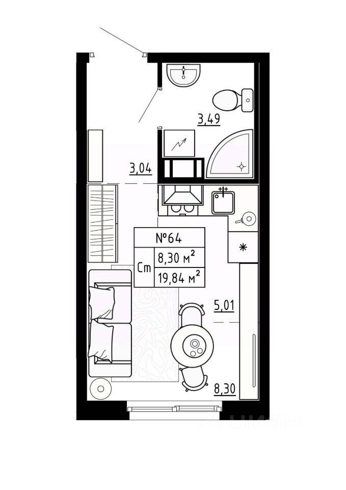 Планировка 1 комнатной квартиры, 19.84 м², в «Аннино Сити»