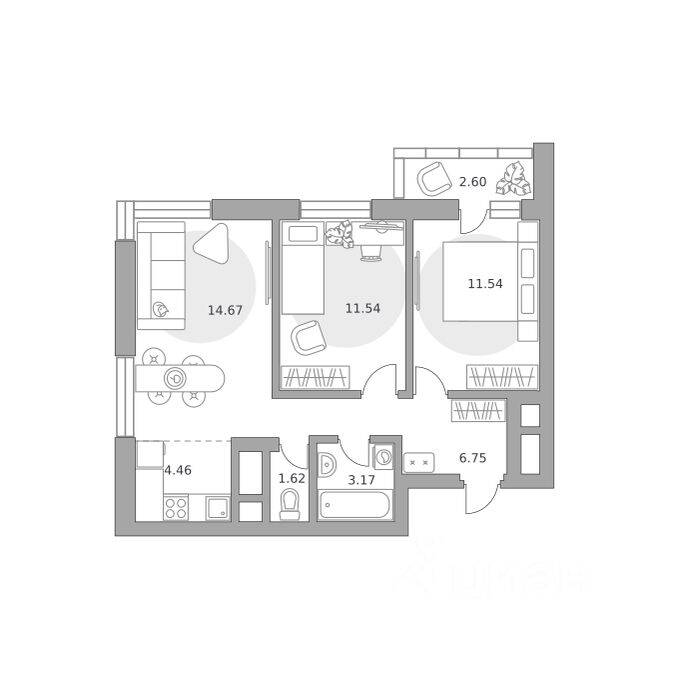 3-комн. квартира, 56,35 м², в ЖК Ильинойс