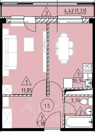 1-комн. квартира, 34,64 м², в ЖК Марусино-6