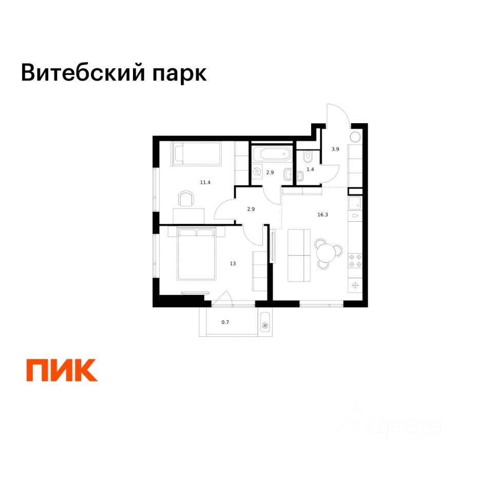 2-комн. квартира, 52,5 м², в ЖК Витебский парк