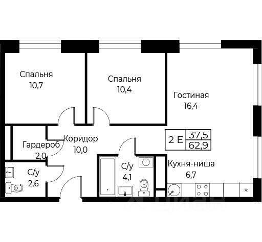 2-комн. квартира, 62,9 м², в Апарт-комплекс Aist Residence