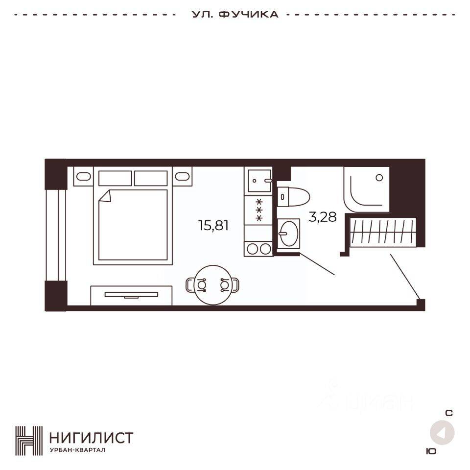Планировка 1 комнатной квартиры, 19.1 м², в «Нигилист (Concept)»