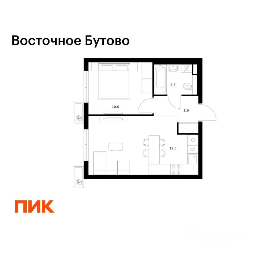 1-комн. квартира, 37,7 м², в ЖК «Восточное Бутово»