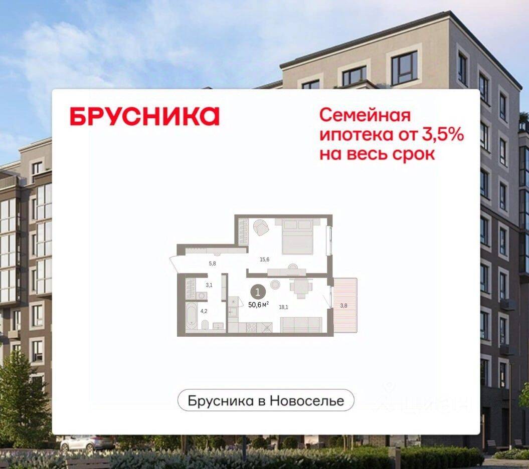 1-комн. квартира, 50,56 м², в ЖК «Брусника в Новоселье»
