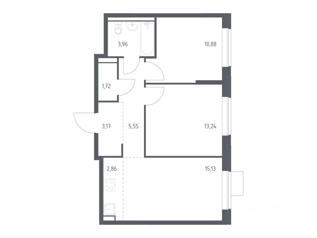 2-комн. квартира, 56,51 м², в ЖК Молжаниново