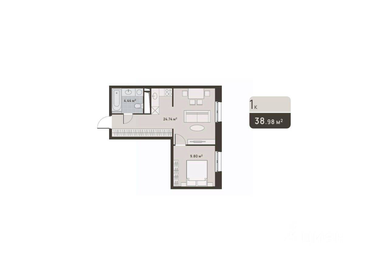 1-комн. квартира, 38,98 м², в ЖК «Дюна»