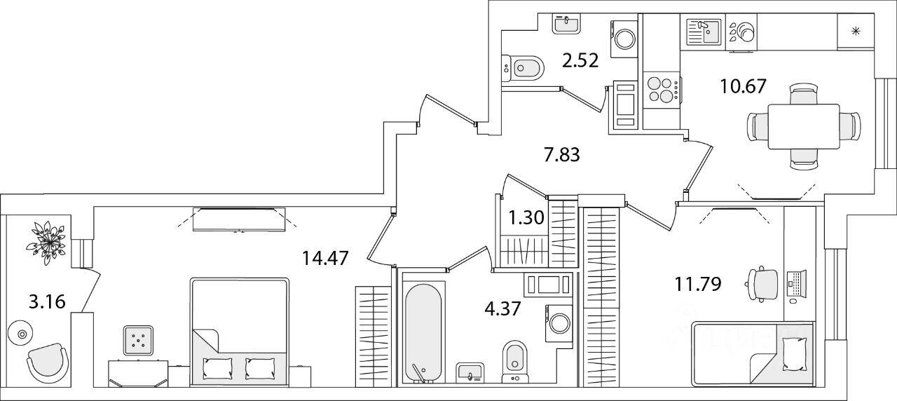 2-комн. квартира, 54,53 м², в ЖК Кинопарк