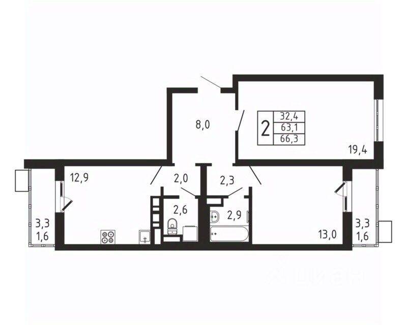 2-комн. квартира, 66,3 м², в ЖК «Пироговская Ривьера»