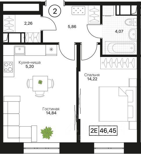 2-комн. квартира, 46,34 м², в ЖК Пушкино Град