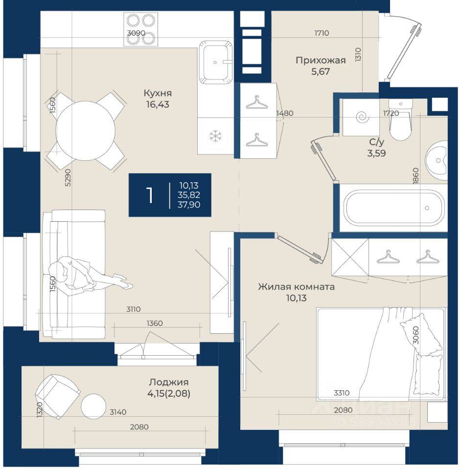 1-комн. квартира, 37,9 м², в ЖК «Новатория»