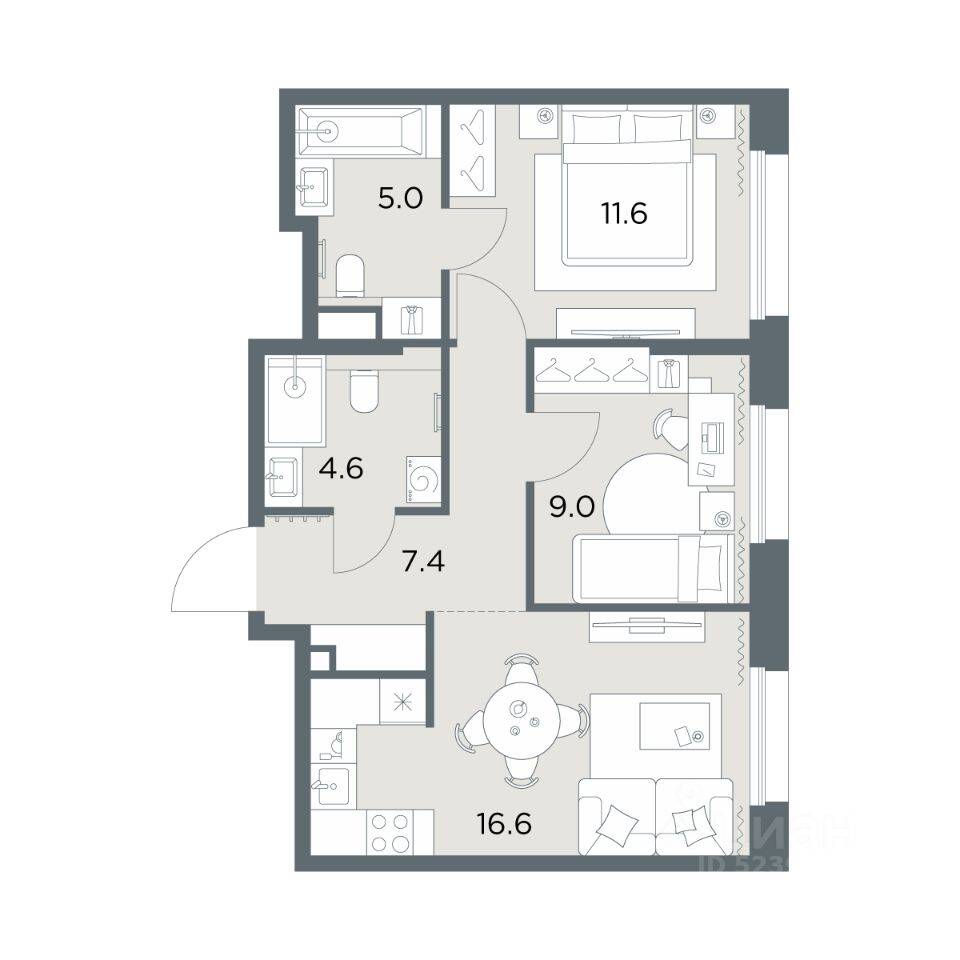 Планировка 2 комнатной квартиры, 54.2 м², в «Станиславский»