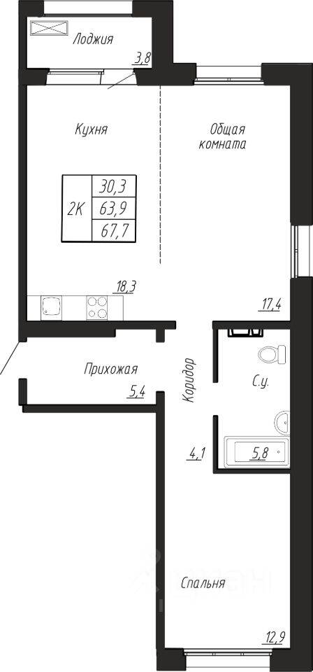 2-комн. квартира, 67,7 м², в ЖК Сибирь