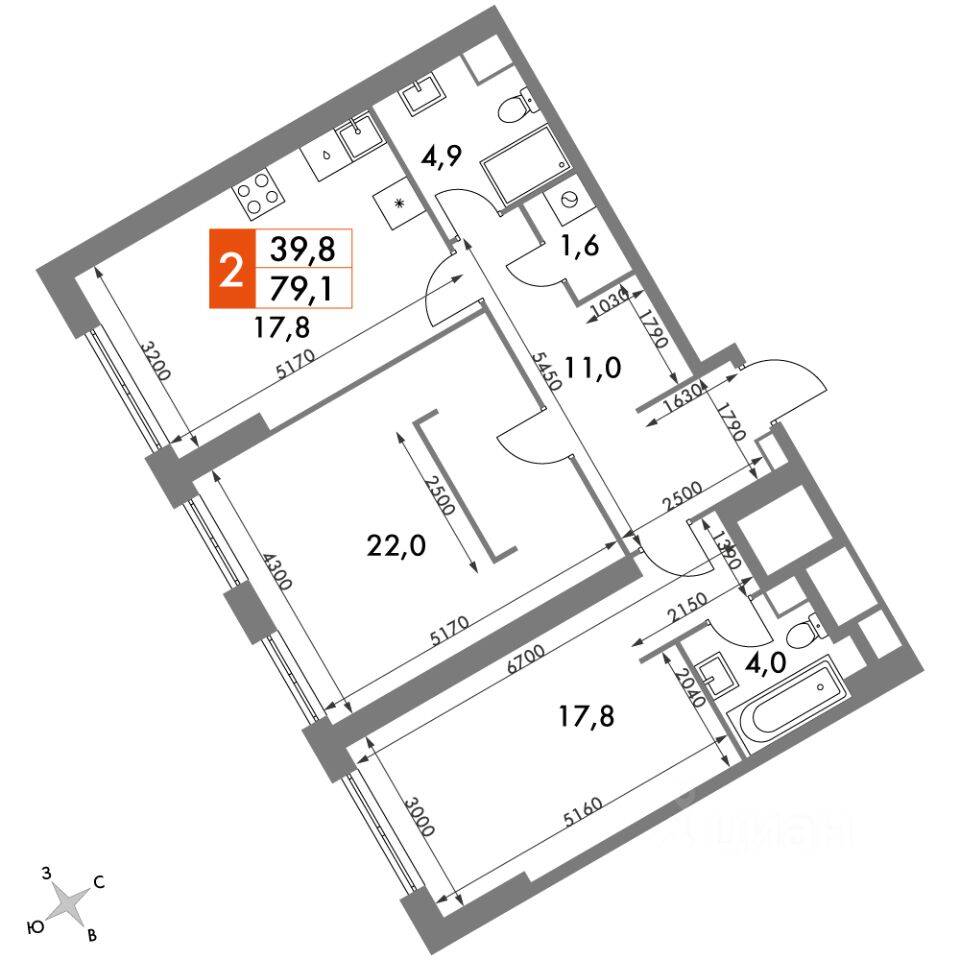 2-комн. квартира, 79,1 м², в ЖК Архитектор