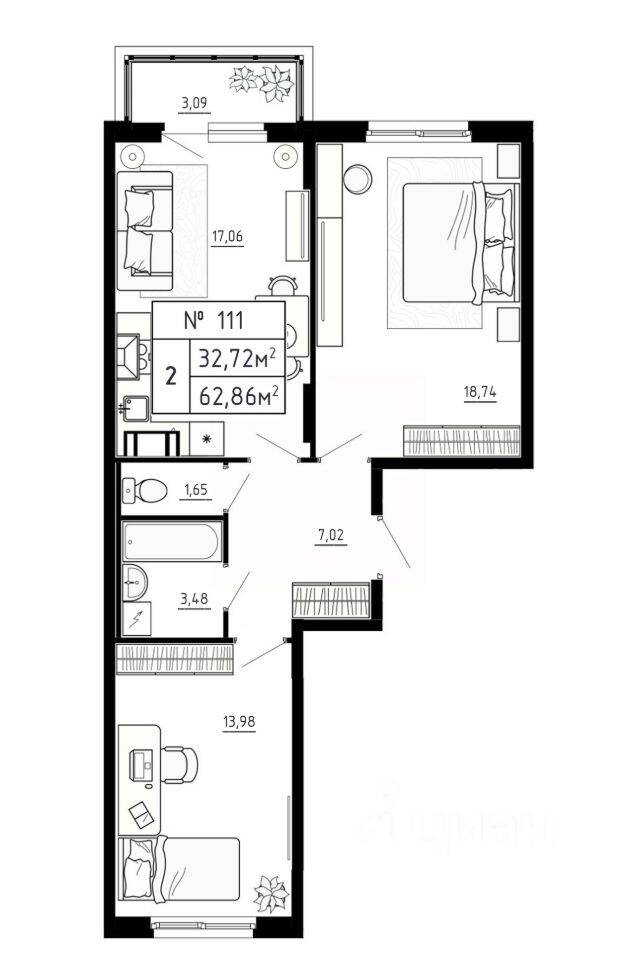 2-комн. квартира, 62,86 м², в Малоэтажный ЖК Аннино Сити
