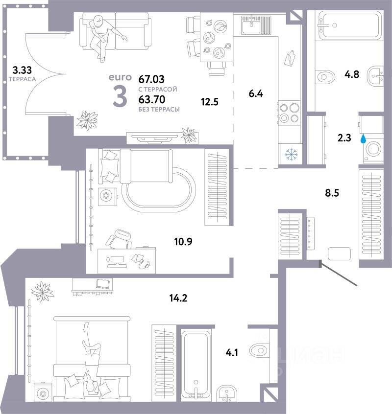 3-комн. квартира, 67,03 м², в ЖК Страна.Озерная