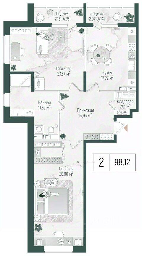 2-комн. квартира, 102,32 м², в ЖК Riga Hills