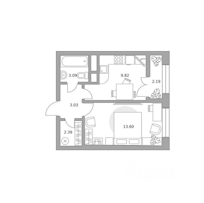 1-комн. квартира, 34,12 м², в ЖК Пехра