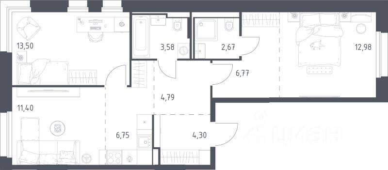 2-комн. квартира, 66,74 м², в ЖК Заречье Парк