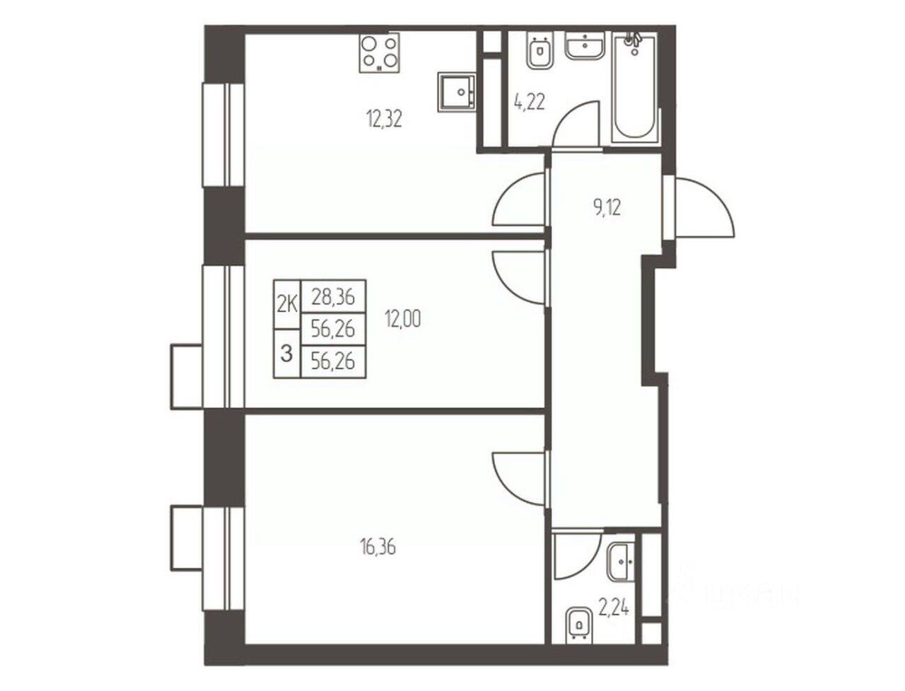 2-комн. квартира, 56,3 м², в ЖК Новая Ивантеевка