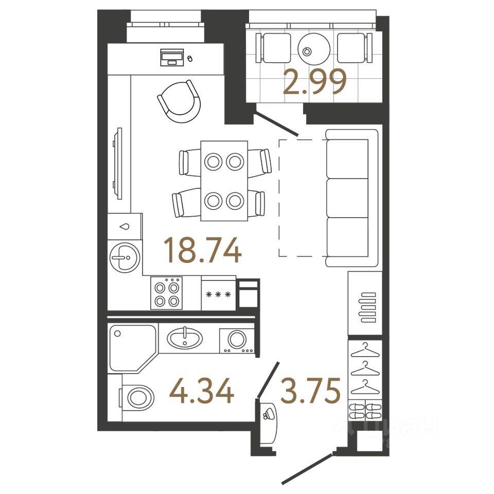 Планировка 1 комнатной квартиры, 26.83 м², в «Ультра Сити 3.0»