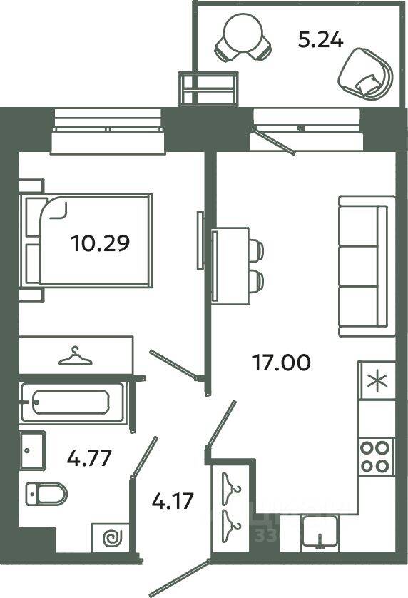 1-комн. квартира, 36,23 м², в ЖК Загляденье