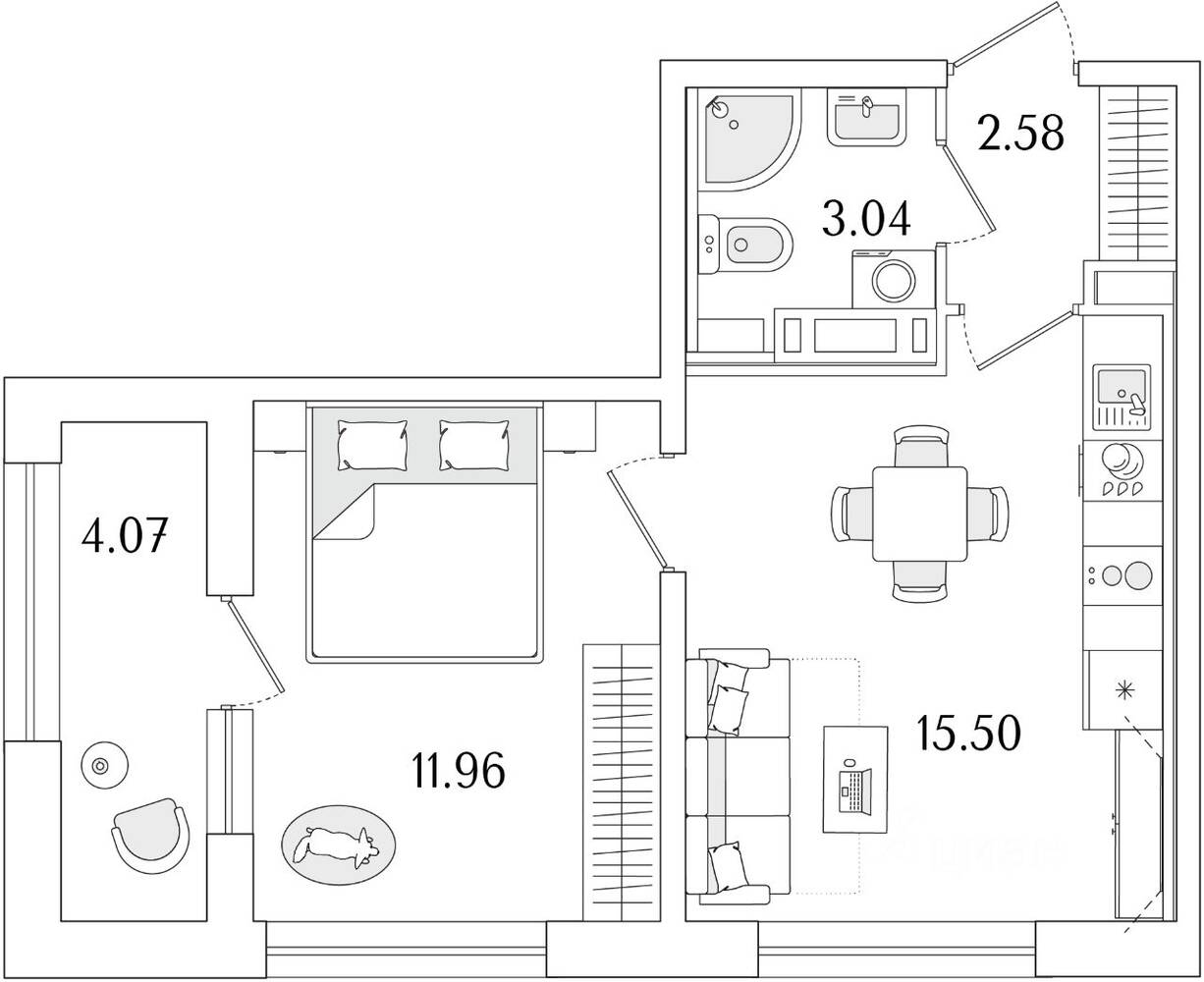 1-комн. квартира, 35,12 м², в ЖК «Аурум»