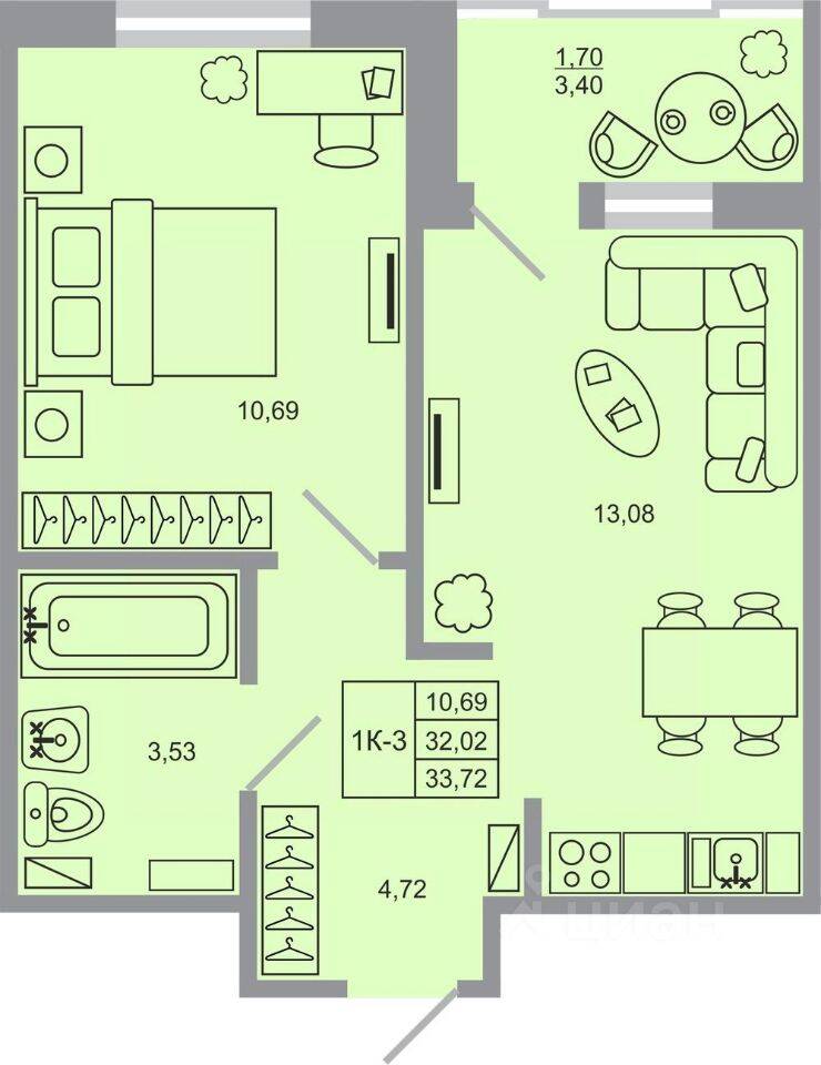1-комн. квартира, 33,1 м², в ЖК Стороны света-2