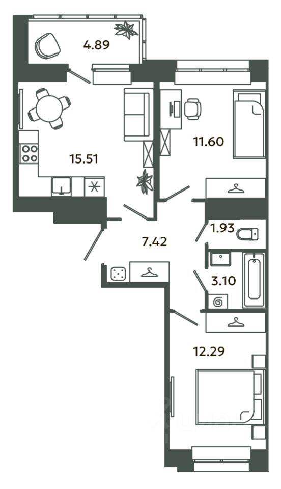 2-комн. квартира, 51,85 м², в ЖК Загляденье