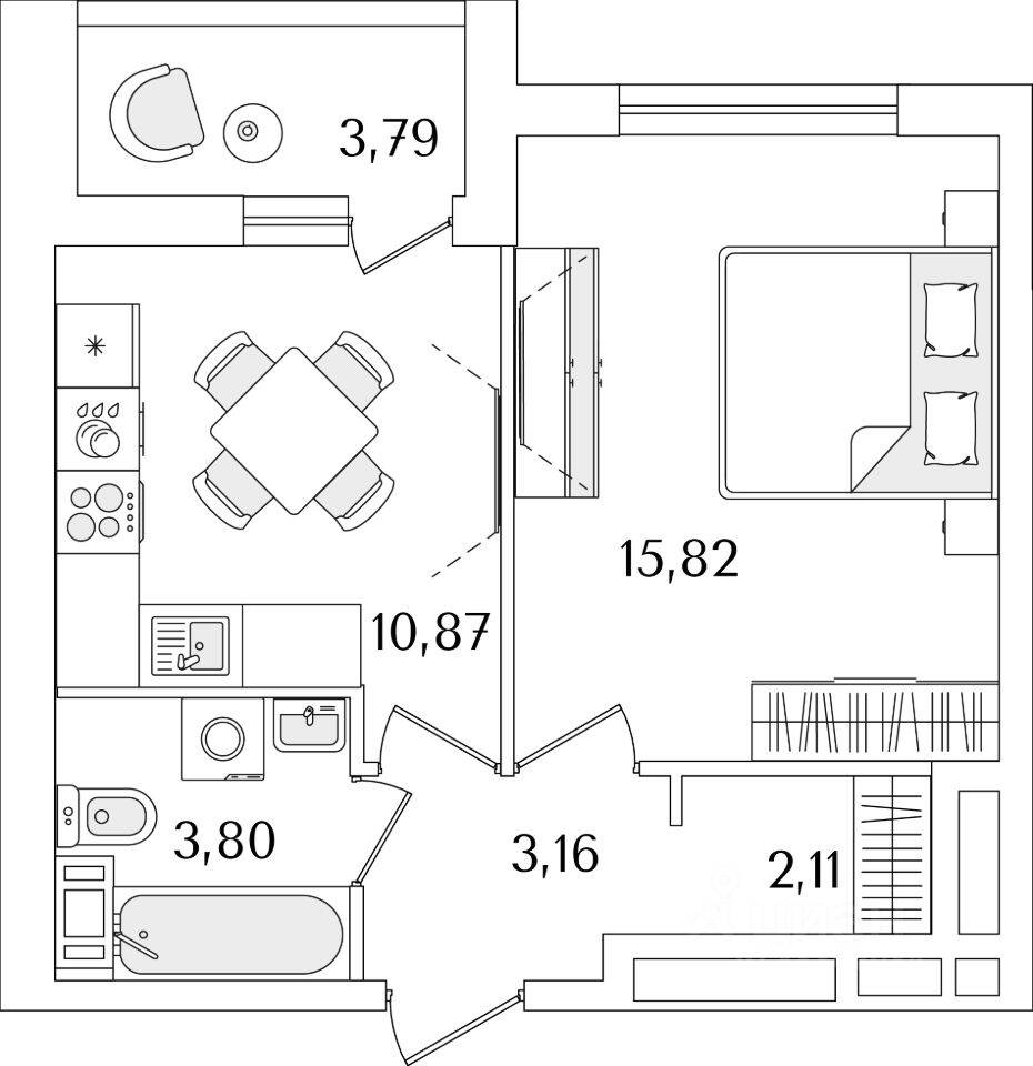 1-комн. квартира, 37,6 м², в ЖК Лайнеръ