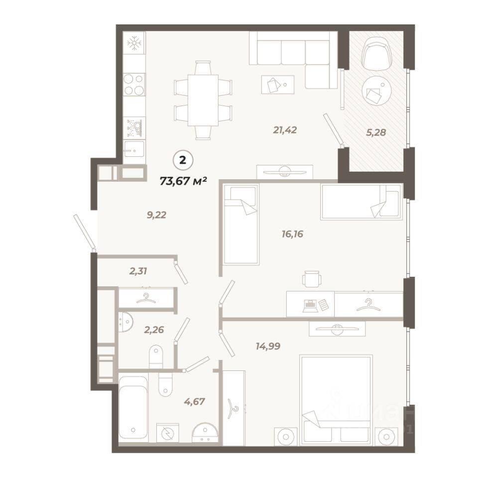 2-комн. квартира, 73,67 м², в ЖК «Знатный»
