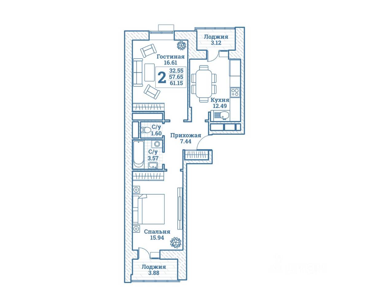 2-комн. квартира, 61,15 м², в ЖК Новоград Монино