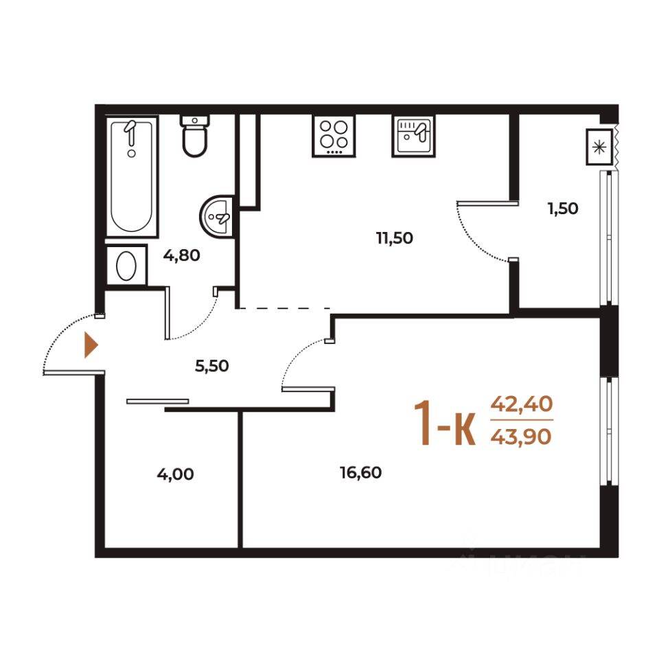 Планировка 1 комнатной квартиры, 41.5 м², в «Новое Летово»