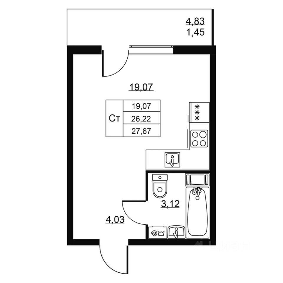 Квартира-студия, 27,67 м², в ЖК Перспектива