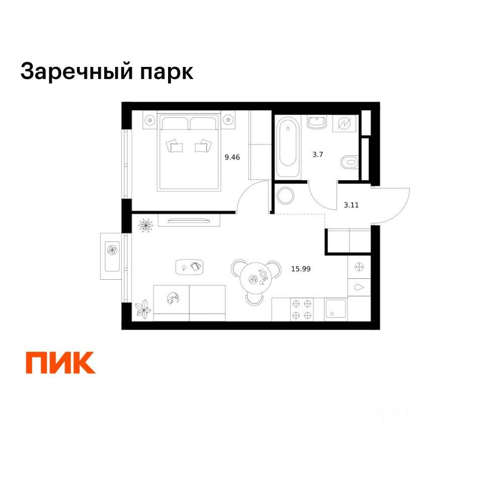 1-комн. квартира, 32,26 м², в ЖК Заречный парк
