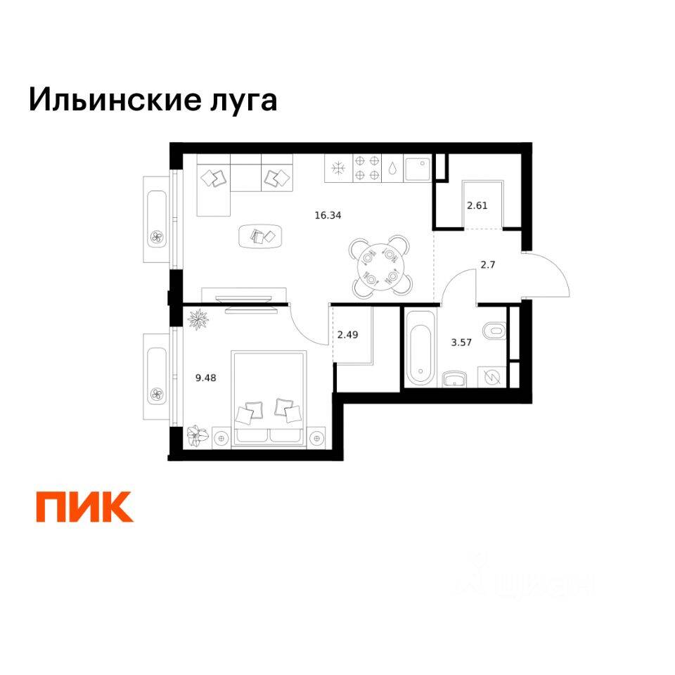 1-комн. квартира, 37,19 м², в ЖК «Ильинские луга»