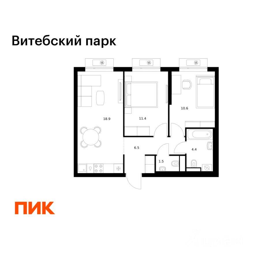 2-комн. квартира, 53,3 м², в ЖК Витебский парк
