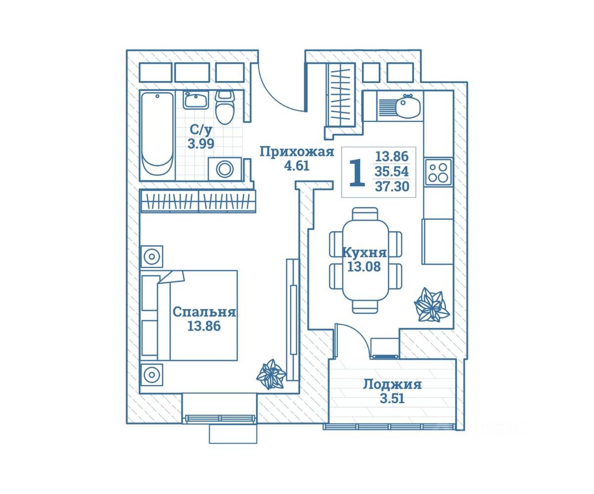 1-комн. квартира, 37,3 м², в ЖК Новоград Монино