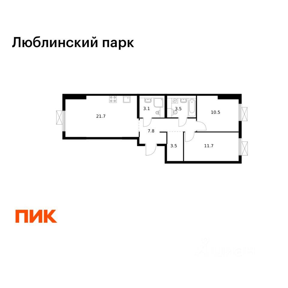 2-комн. квартира, 61,8 м², в ЖК «Люблинский парк»