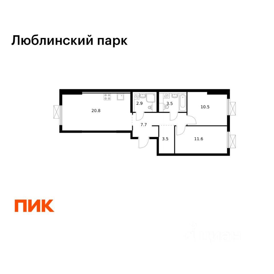 2-комн. квартира, 60,5 м², в ЖК «Люблинский парк»