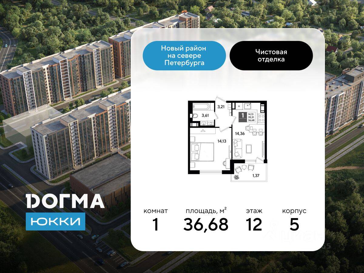 1-комн. квартира, 36,68 м², в ЖК DOGMA ЮККИ