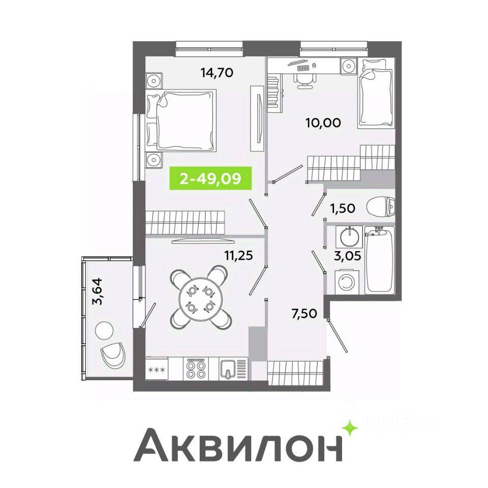 2-комн. квартира, 49,09 м², в ЖК Аквилон ЯНИНО