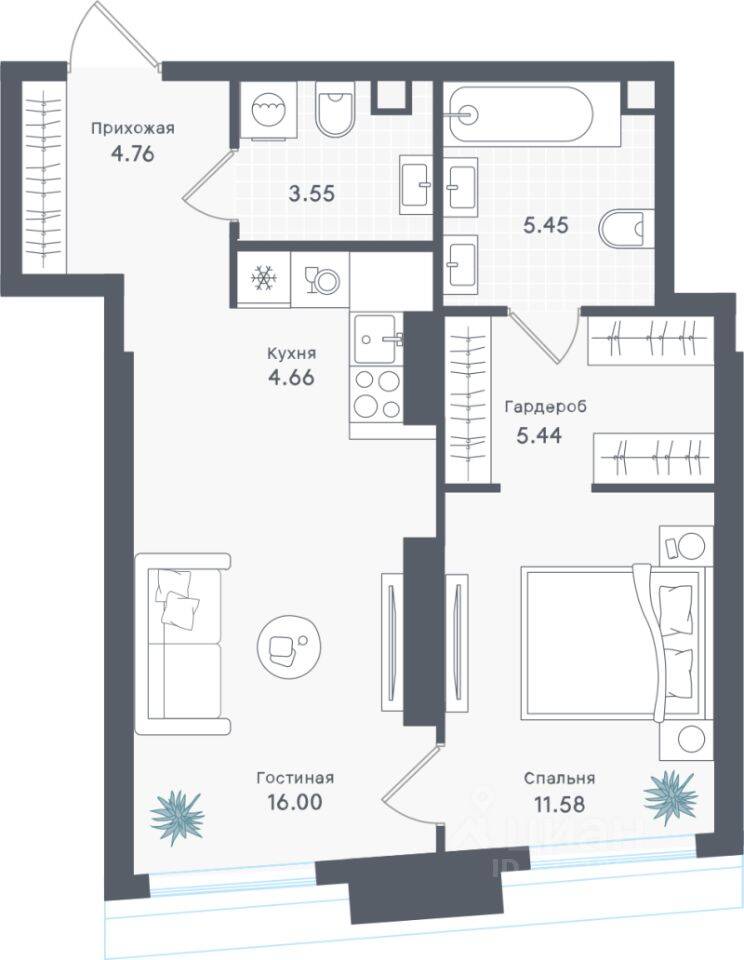 1-комн. квартира, 51,44 м², в ЖК «Солос»