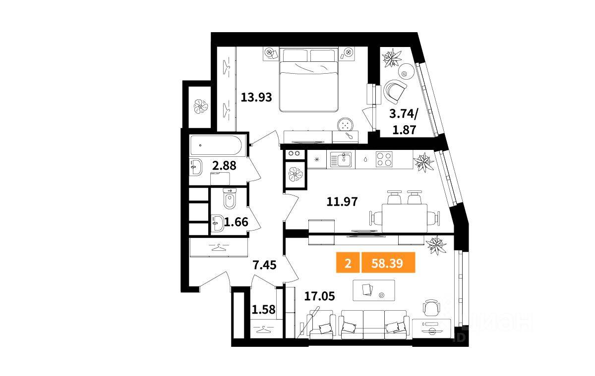2-комн. квартира, 58,39 м², в ЖК Планерный квартал