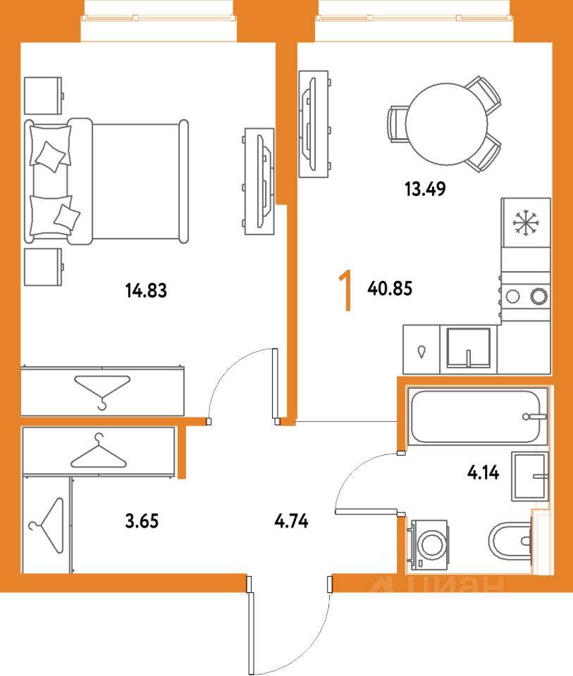 1-комн. квартира, 40,85 м², в ЖК Страна.Парковая