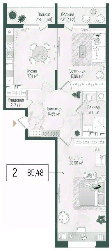 2-комн. квартира, 90,04 м², в ЖК Riga Hills