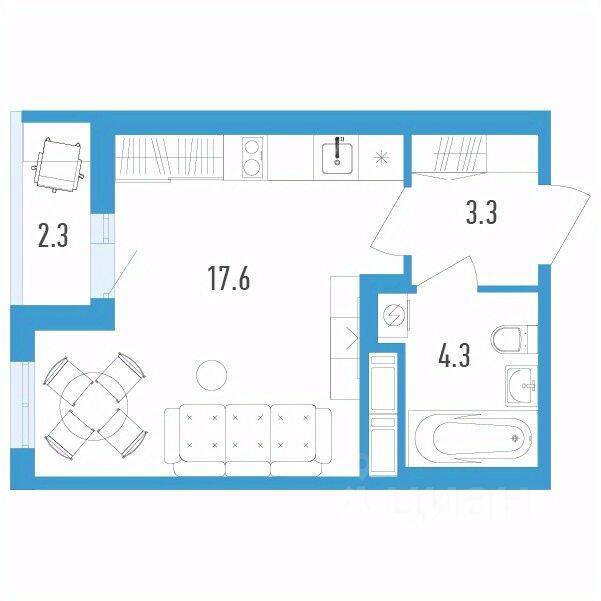Планировка 1 комнатной квартиры, 26.4 м², в «Aerocity 4»