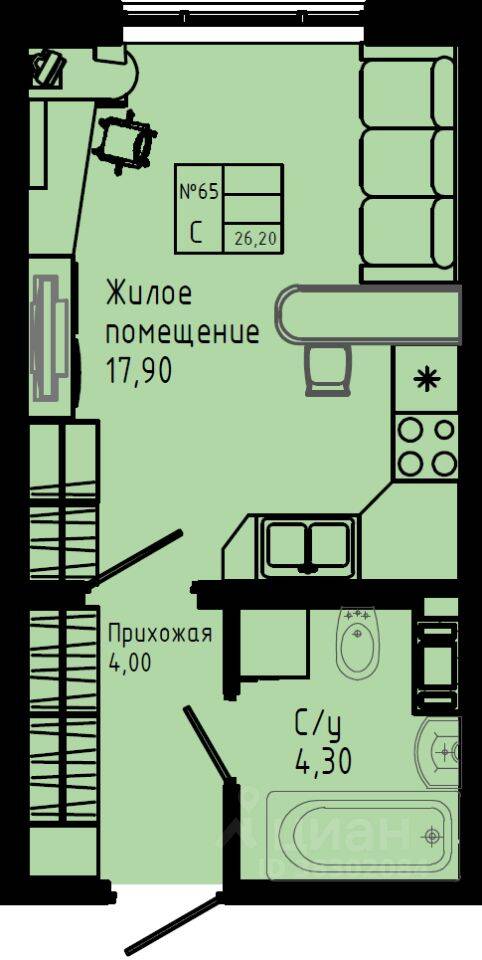 Планировка 1 комнатной квартиры, 26.2 м², в «Pixel»