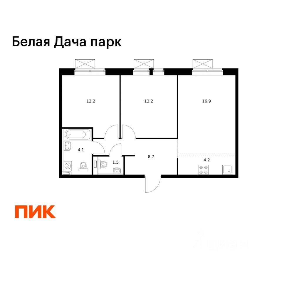 3-комн. квартира, 60,8 м², в ЖК «Белая Дача парк»